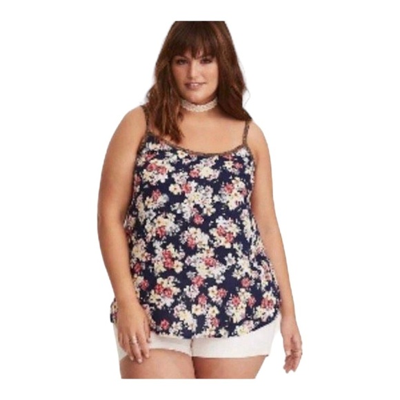 Torrid Challis Lace-Up Swing Cami Black Floral Sleeveless Scoop Neck Lightweight - Picture 1 of 4